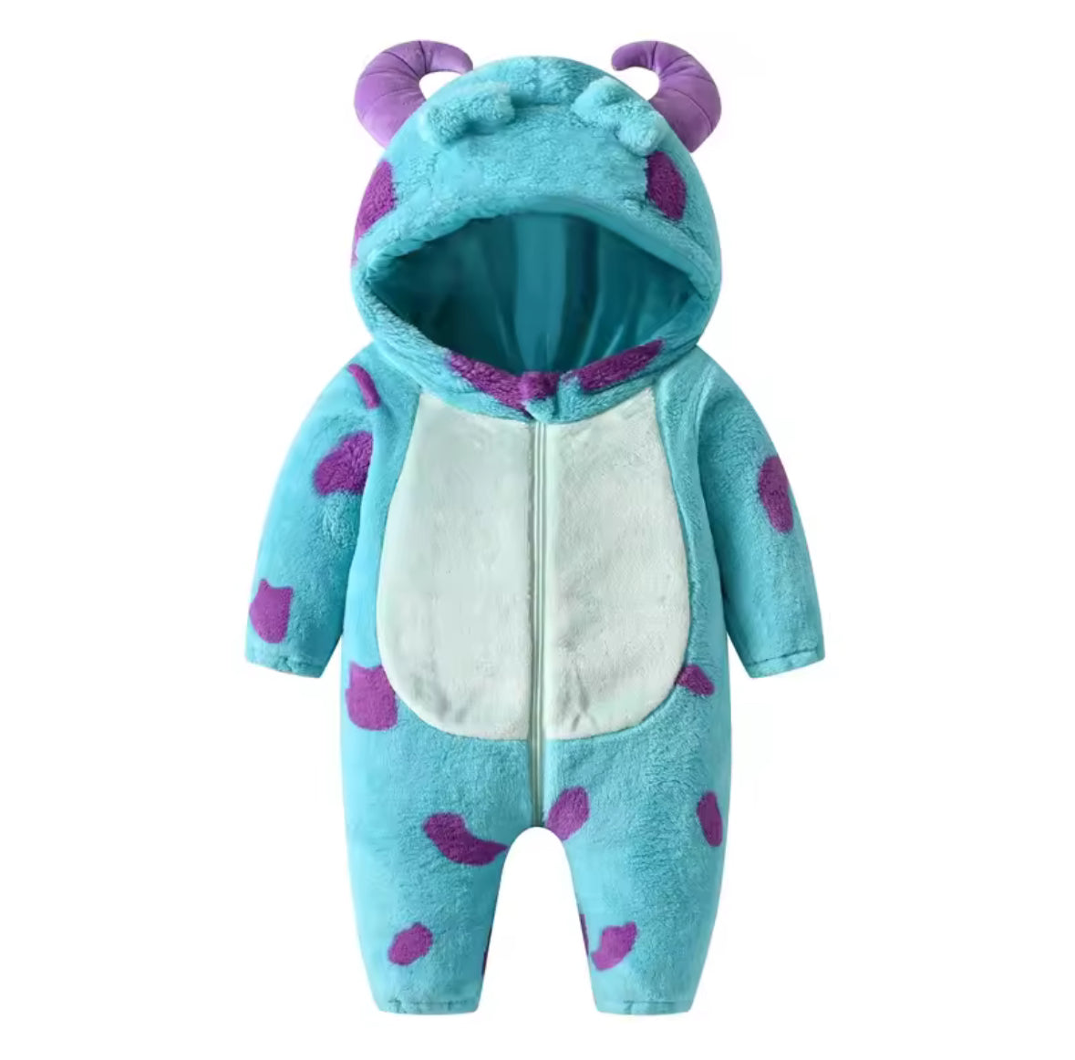 Blue baby onesie with purple accents on a white background