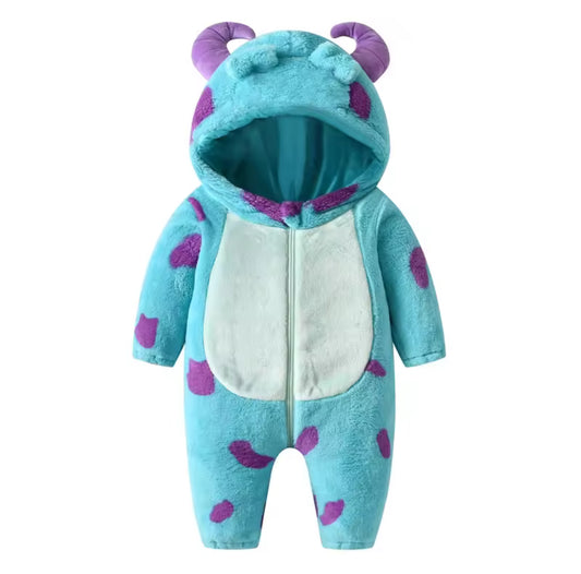 Blue baby onesie with purple accents on a white background