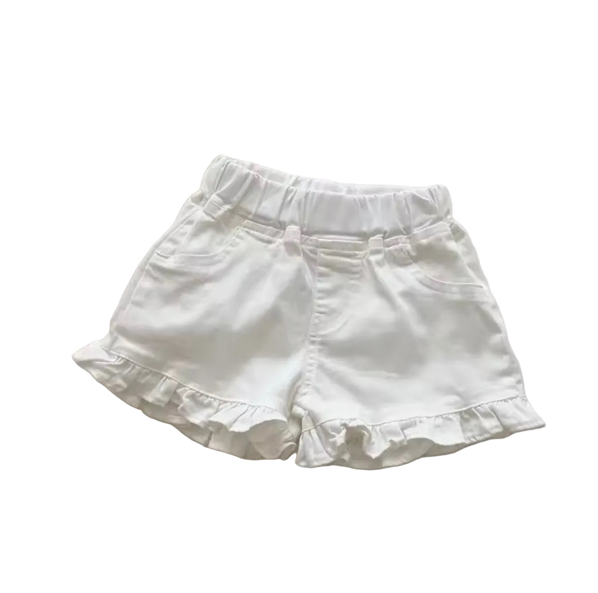 White shorts with ruffled hem on a light gray background