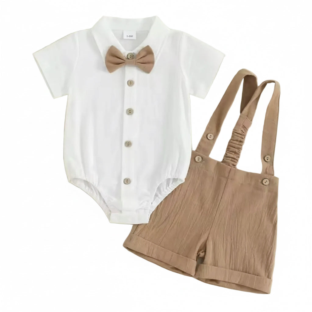 Baby Toddler Boys Romper Shirt with Bow Tie & Dungaree Shorts. 3 Colours 3-24M