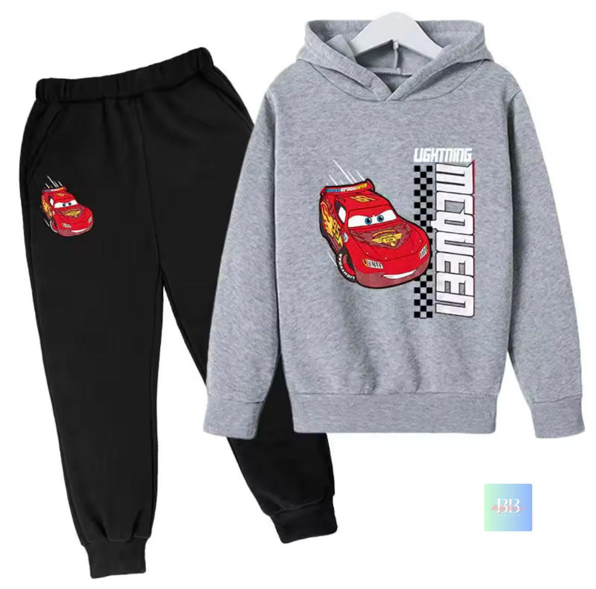 Gray hoodie and black pants with Lightning McQueen design on a white background