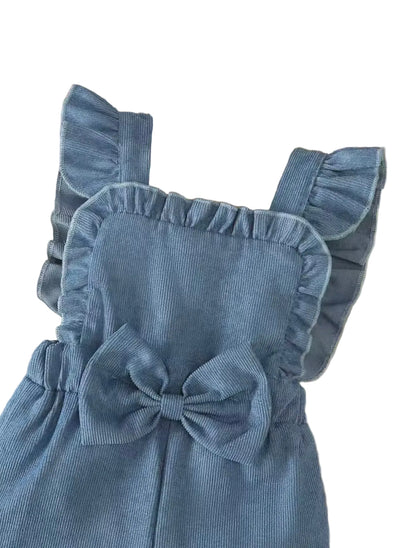 Baby Toddler Girls Ribbed Bowknot Dungarees & Ribbed Long Sleeve Top Set. 2 Colours 3-24M