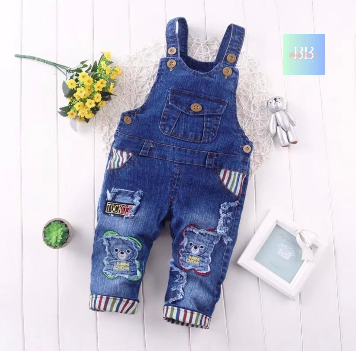 Baby/Toddler Denim Dungarees with Cute Designs. 5 variants, 9M-4Y