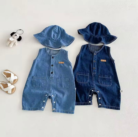 Two denim baby rompers with matching hats on a light gray background.