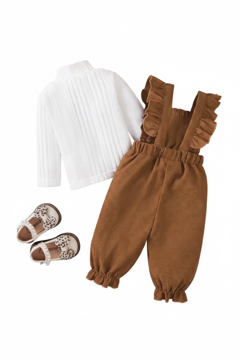 Baby Toddler Girls Ribbed Bowknot Dungarees & Ribbed Long Sleeve Top Set. 2 Colours 3-24M