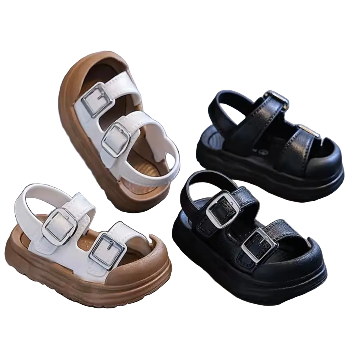 Four pairs of children's sandals in white, brown, and black on a light gray surface.