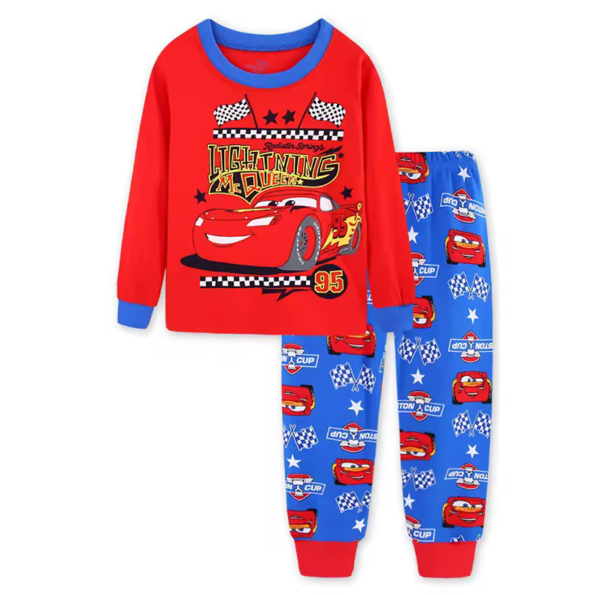 Children's pajama set with Lightning McQueen design on a white background