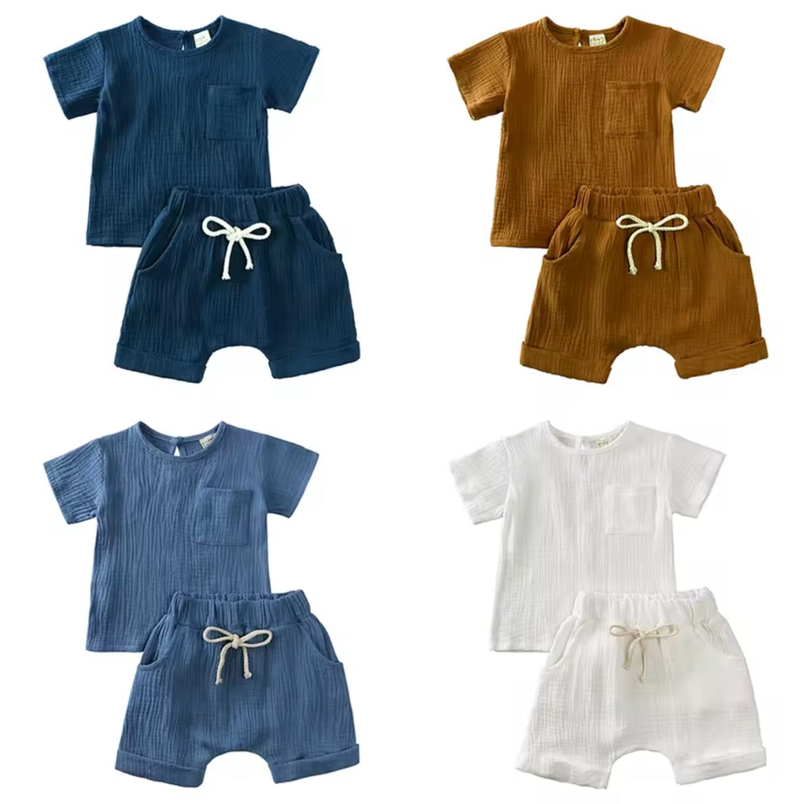 Set of children's outfits with shorts in blue, brown, and white on a white background