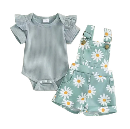 Baby Toddler Girls Ribbed Romper & Dungaree Shorts Set. 3 Colours 3M-18M