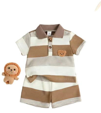 Children's striped polo shirt with bear patch and shorts on a light gray background