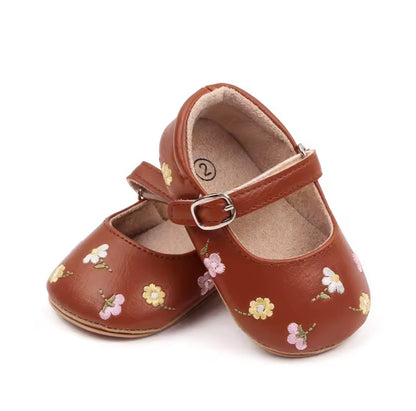 Baby Toddler Leather Flower Embroidery Anti-Slip Shoes. 3 Colours. 0-18M