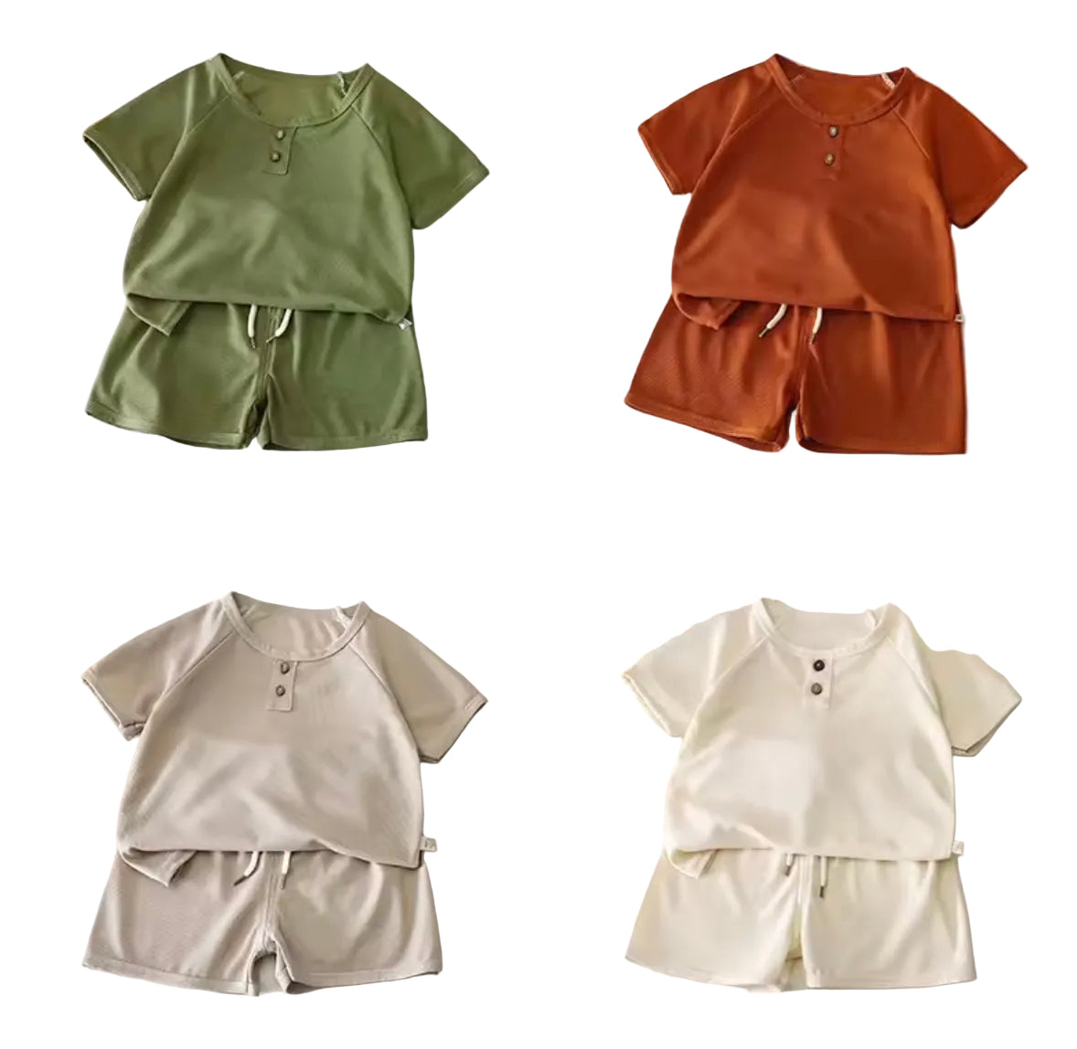 Four different color options of a children's outfit with a shirt and shorts on a neutral background.