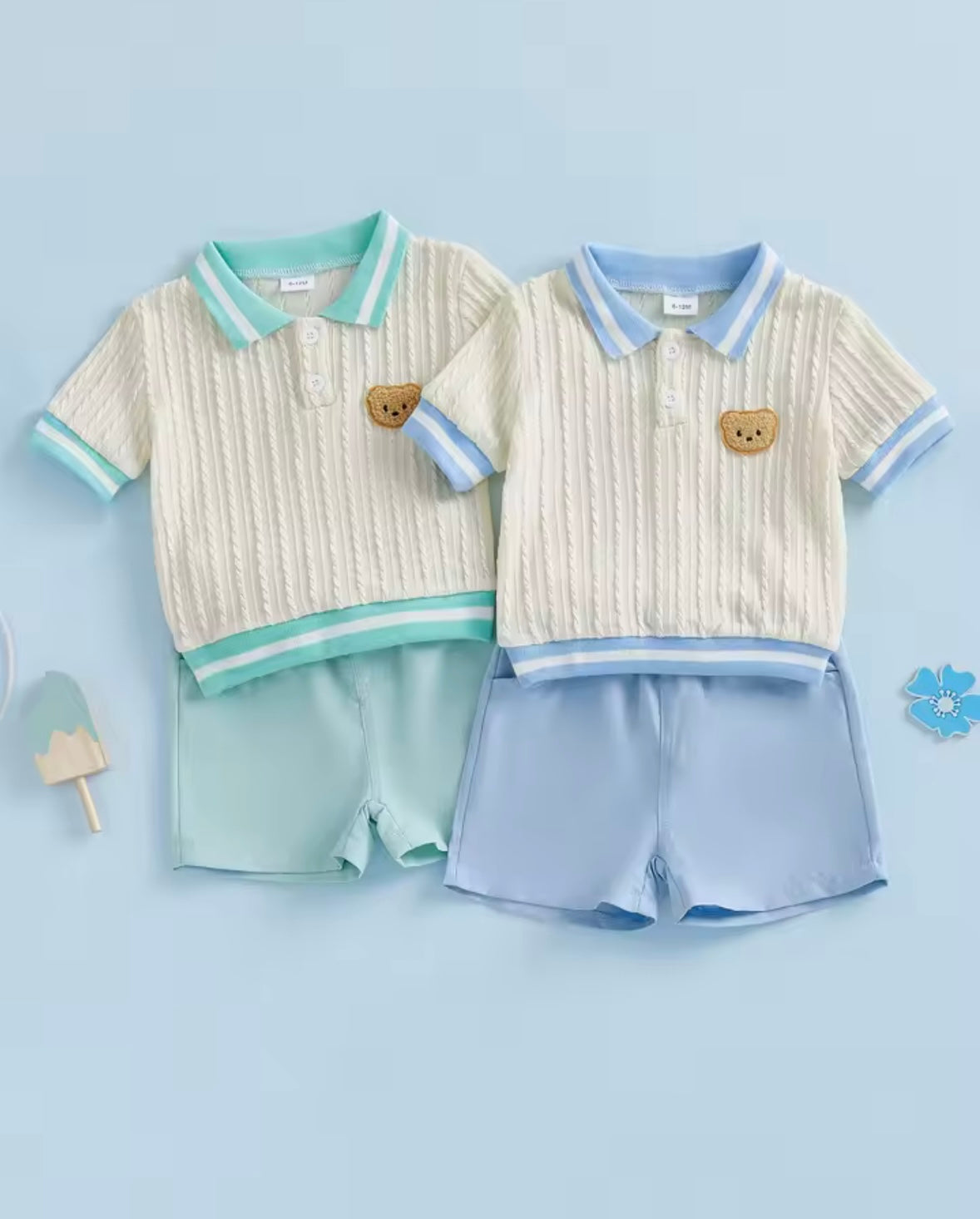 Kids Boys Cable Knit Collared Top & Shorts Set. 2 Colours 6M-4Y.