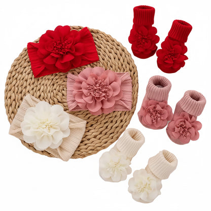 Baby Girls Flower Headband & Non Slip Socks Set. 3 Colours 0-12M