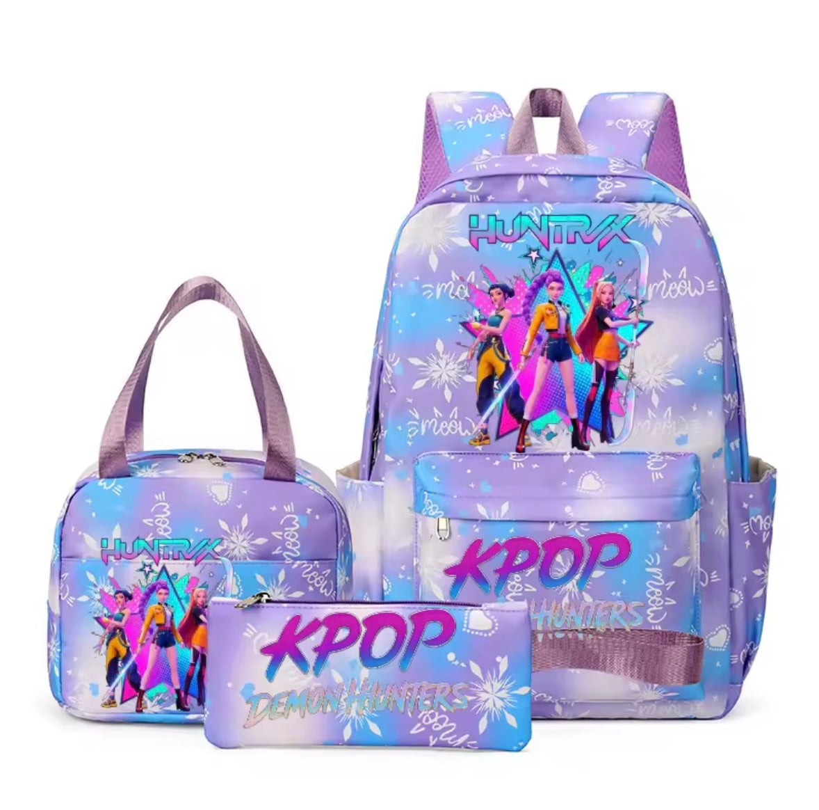 Kids K-Pop Demon Hunters School Bag 3 Piece Set. 4 Colours