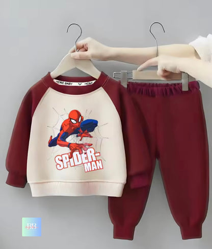 Children's Spider-Man outfit with sweatshirt and pants on hangers against a gray background