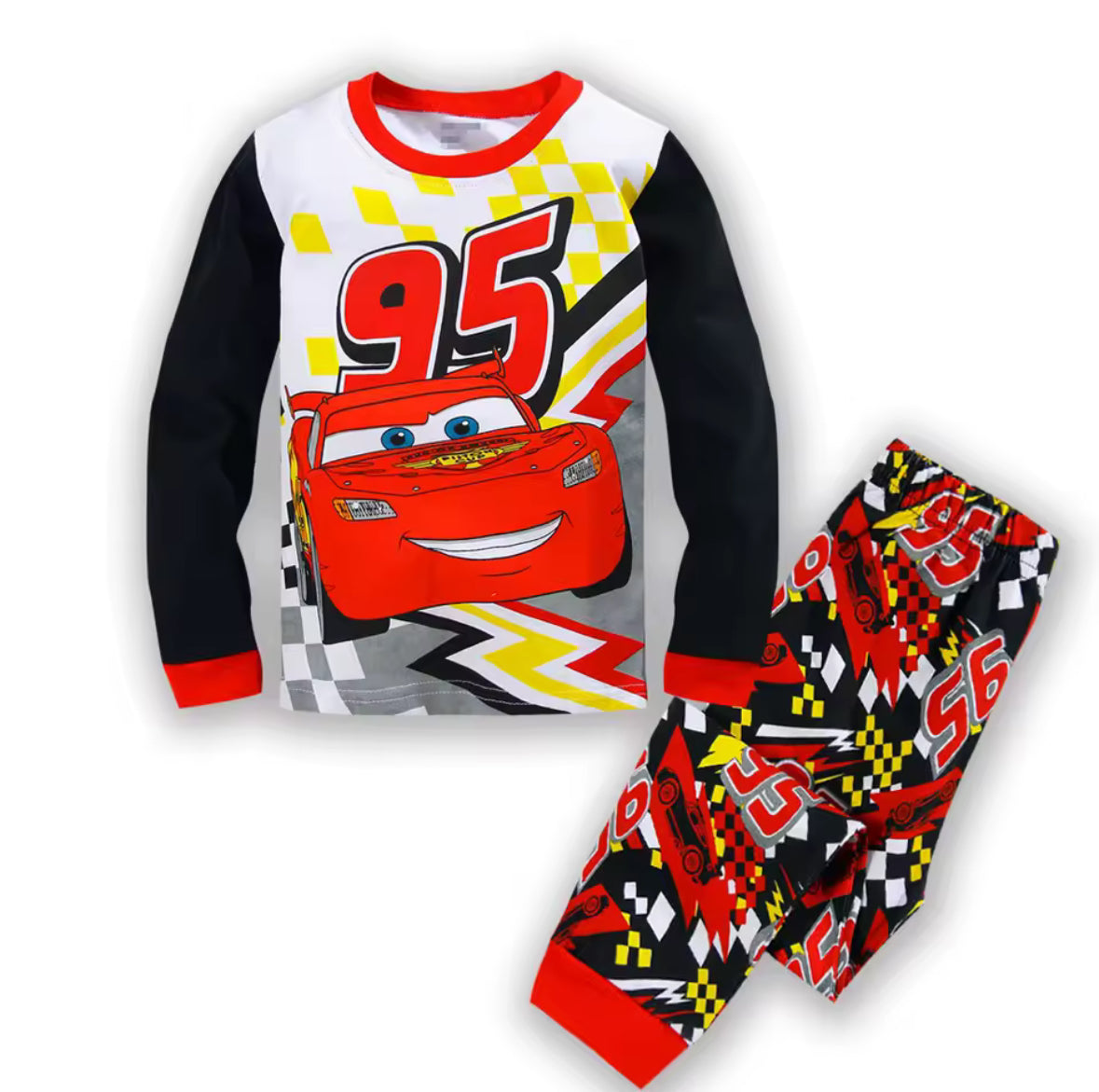 Children's pajama set with a car design on a white background