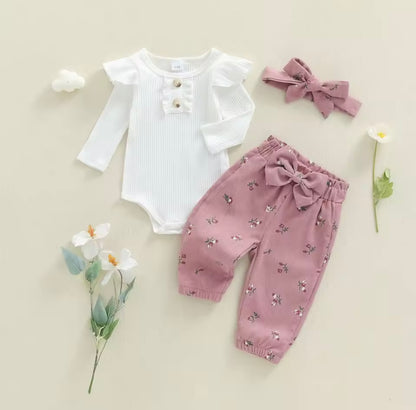 Kids Girls Long Sleeve Romper With Floral Trousers & Headband Set. 3 Colours 1-12M