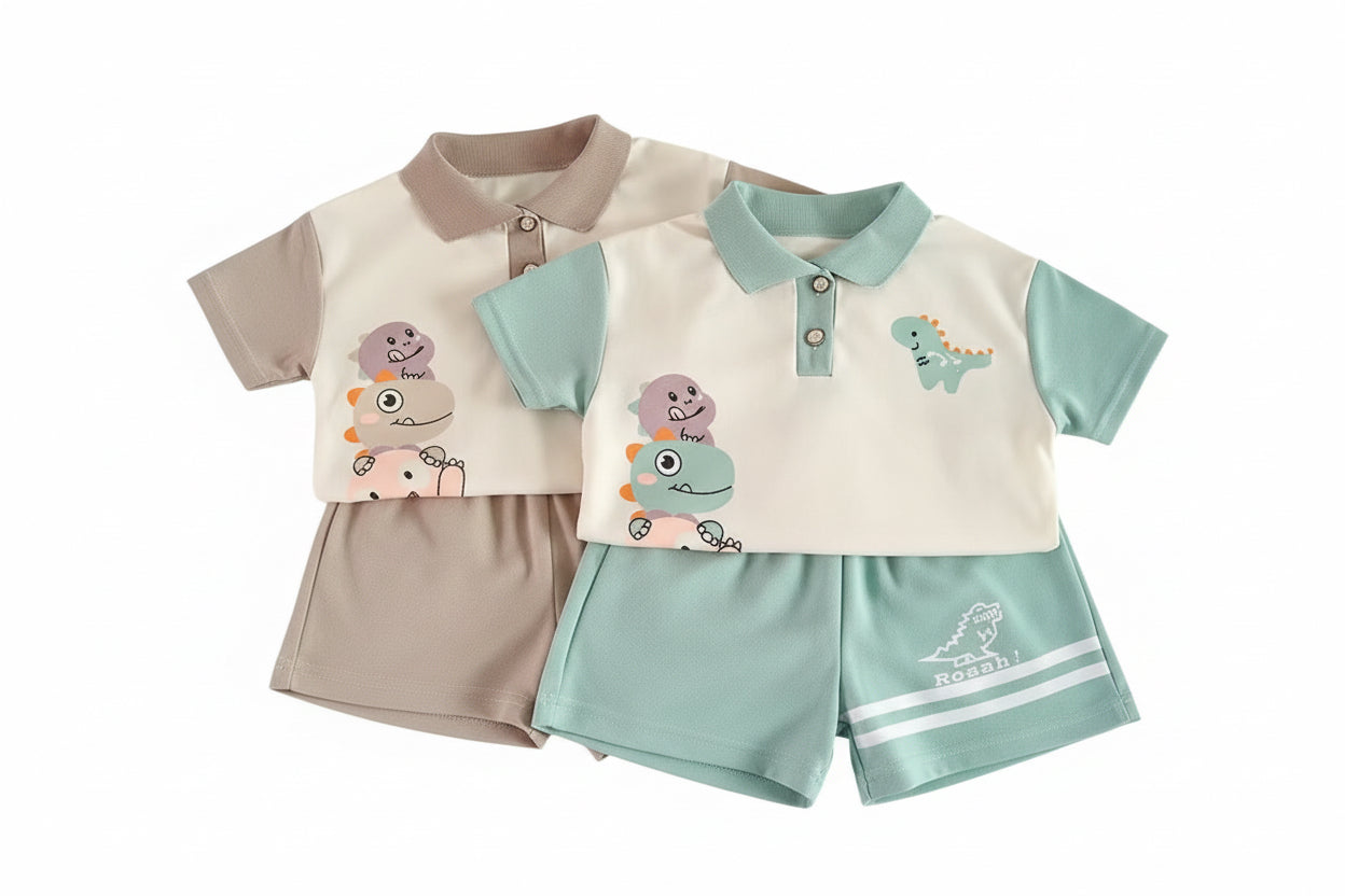 Children's clothing set with cartoon dinosaur design on a wooden surface.