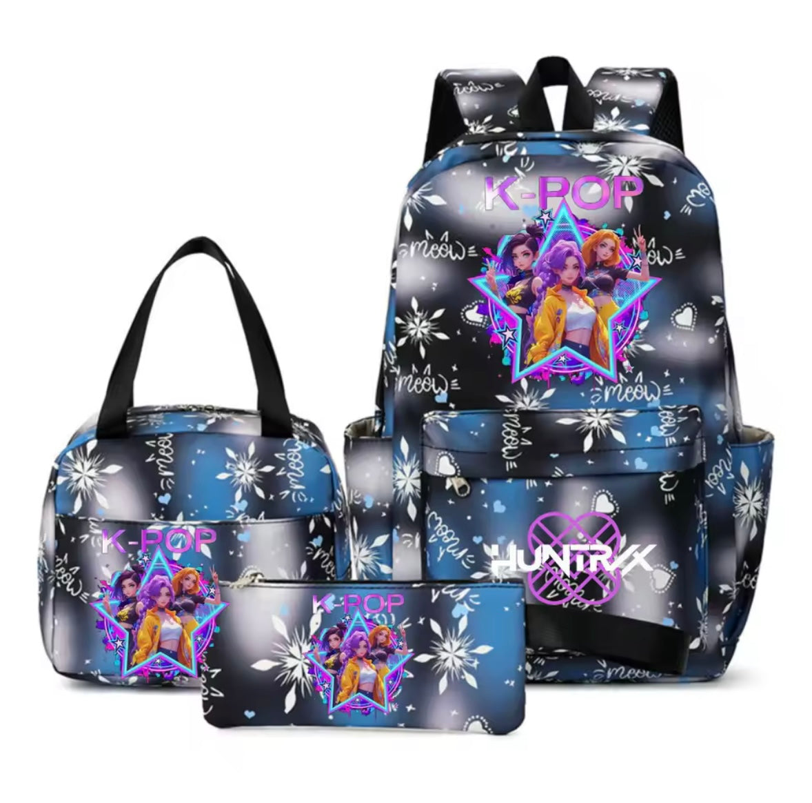 Kids K-Pop Demon Hunters School Bag 3 Piece Set. 4 Colours