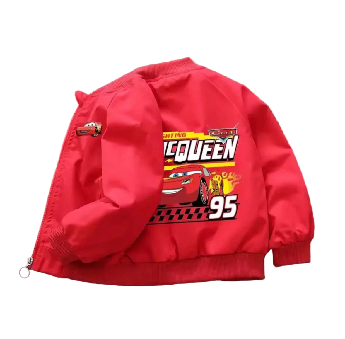 Red children's jacket with McQueen character design on a white background