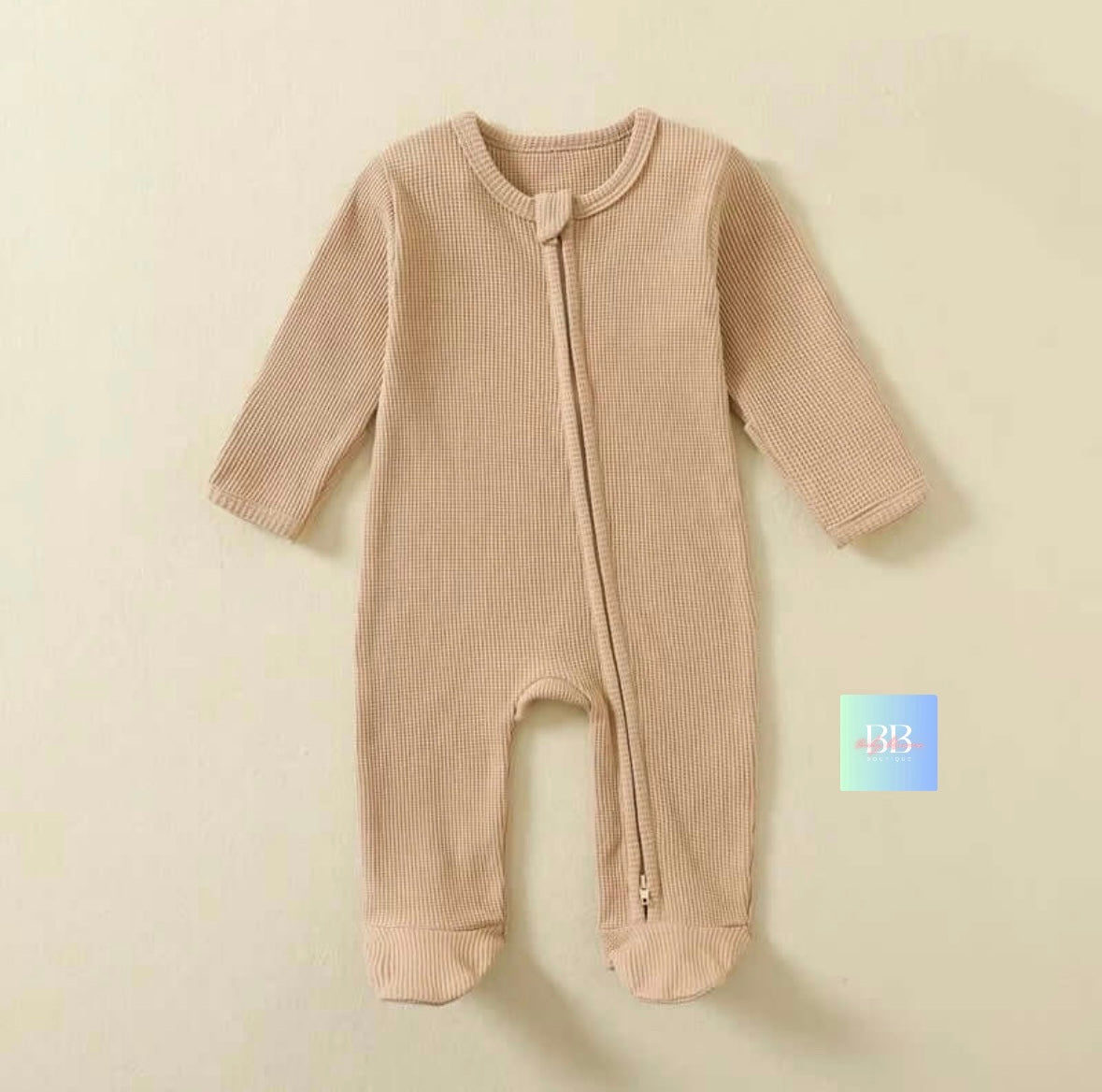Organic waffle Cotton Baby Rompers with zip. Footed Long-Sleeve Sleepsuits 3-12M, 4 colours.