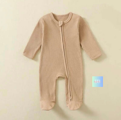 Organic waffle Cotton Baby Rompers with zip. Footed Long-Sleeve Sleepsuits 3-12M, 4 colours.