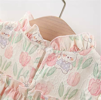 Kids Girls Lightweight Floral Rabbit Print Summer Dress. 9M-4Y