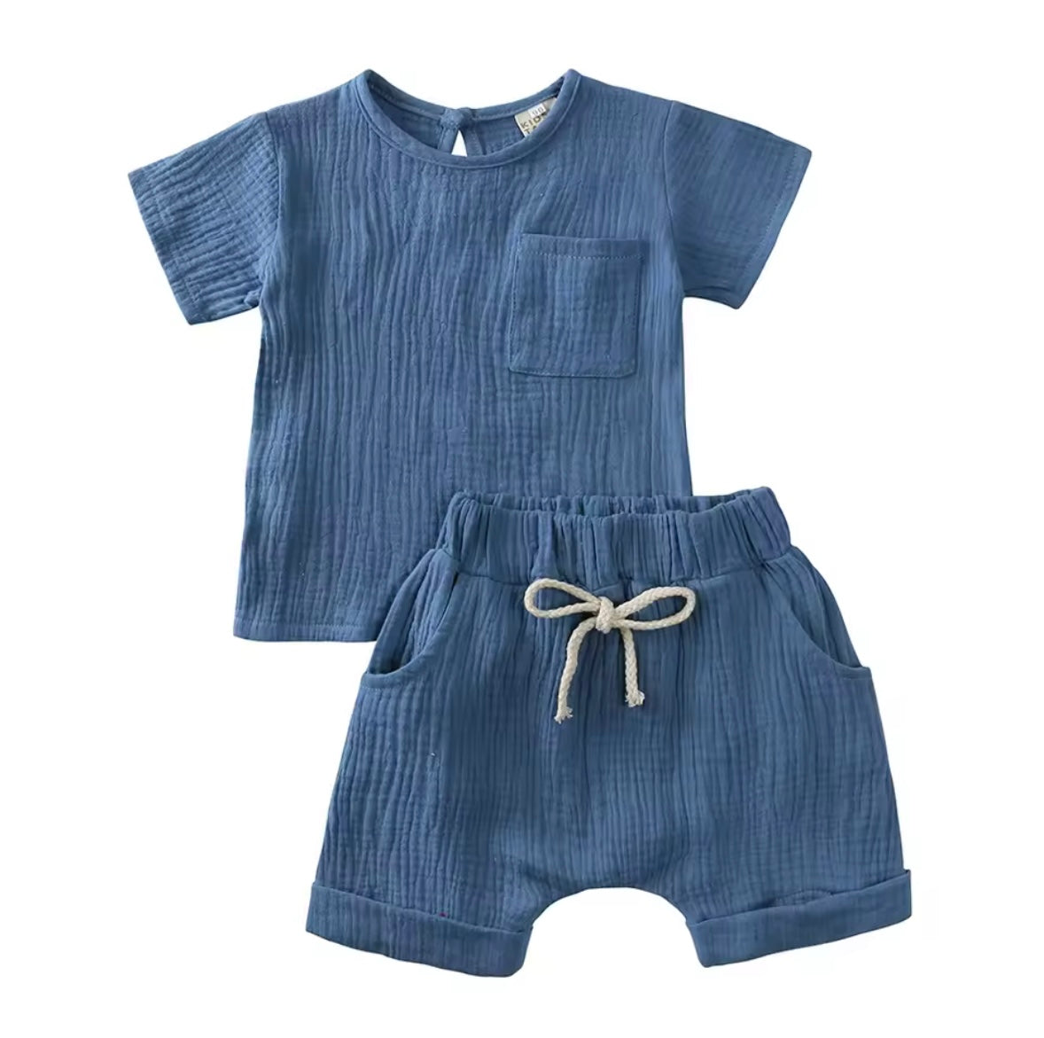 Blue children's outfit with a shirt and shorts on a white background