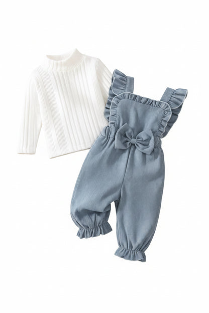 Baby Toddler Girls Ribbed Bowknot Dungarees & Ribbed Long Sleeve Top Set. 2 Colours 3-24M