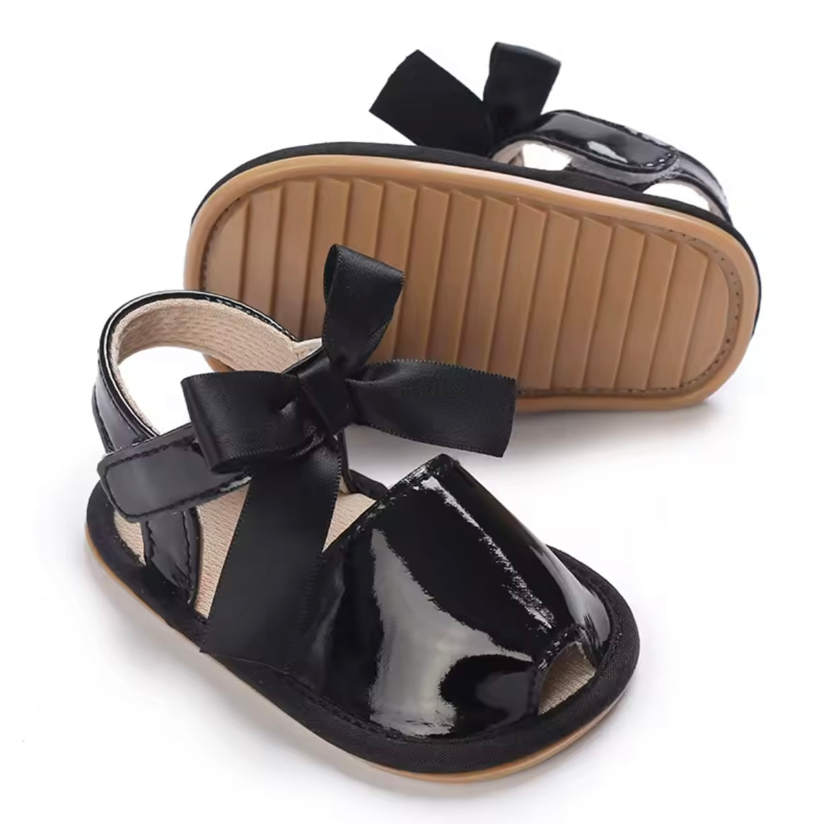 Baby Toddler Patent Bow Strap Rubber Sole Sandals. 5 Colours 0M-18M