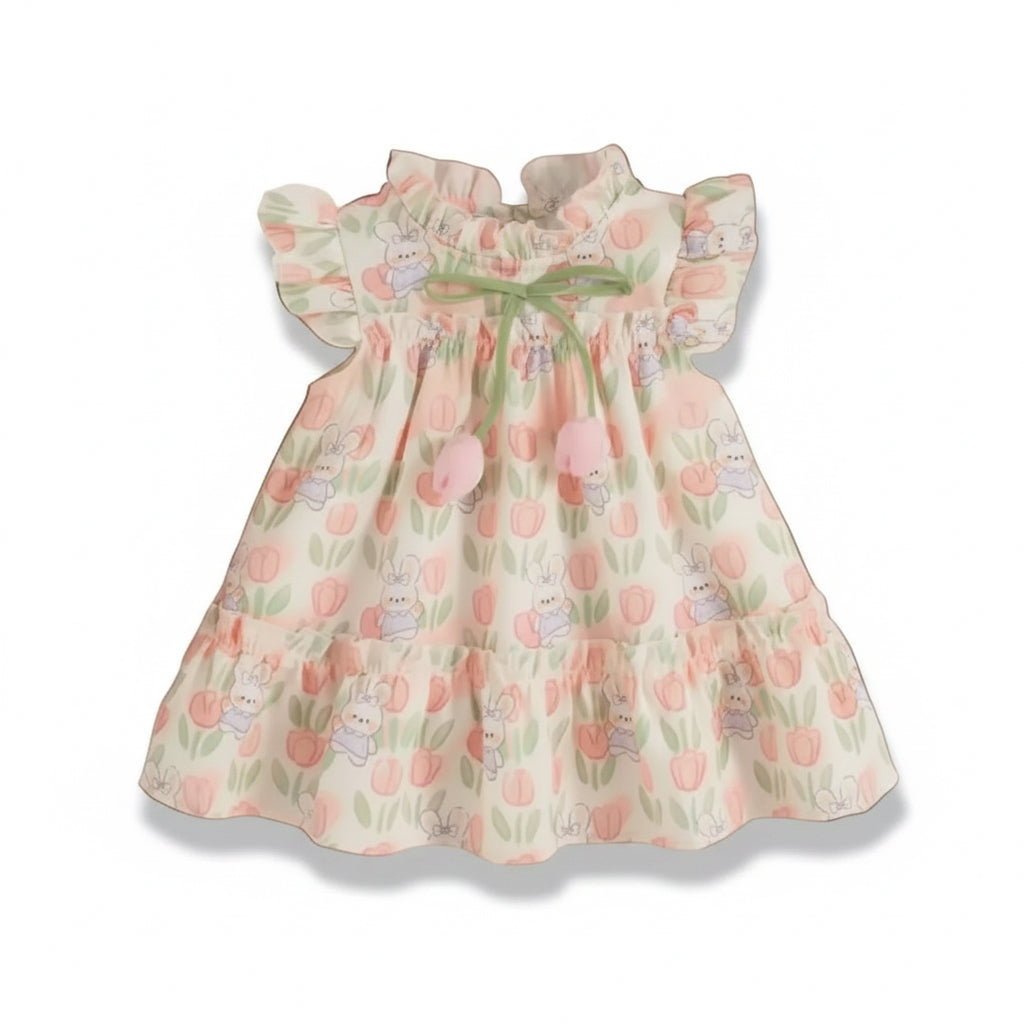 Kids Girls Lightweight Floral Rabbit Print Summer Dress. 9M-4Y