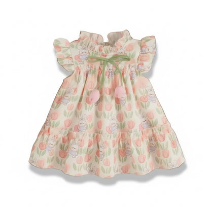 Kids Girls Lightweight Floral Rabbit Print Summer Dress. 9M-4Y