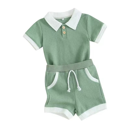 Kids Boys Lightweight Casual Waffle Polo Shirt & Shorts Set. 3 Colours 6M-3Y