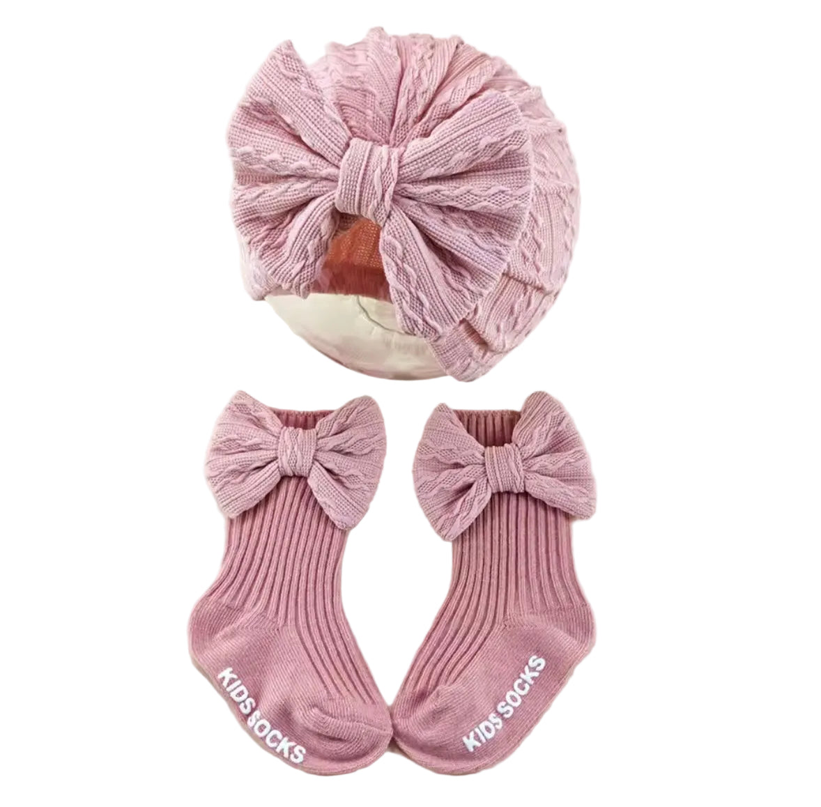 Baby Toddler Girls Bowknot Headscarf Hat & Matching Bowknot Socks. 5 Colours Fits 0-6M
