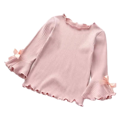Kids Girls Ribbed Long Sleeve Bowknot Top. 3 Colours 2-8Y