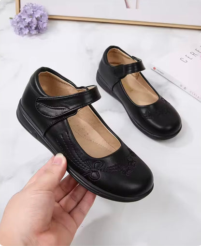Kids Girls Black Velcro Strap School Shoes. 2 Variations Uk Junior Size 10-4