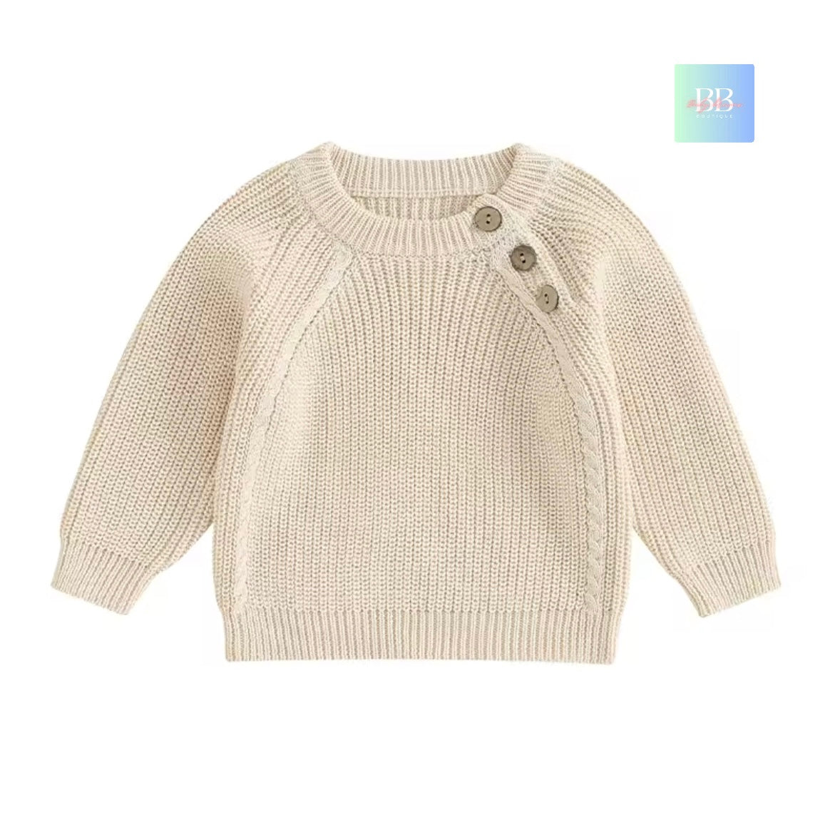 Beige knitted sweater with buttons on a white background
