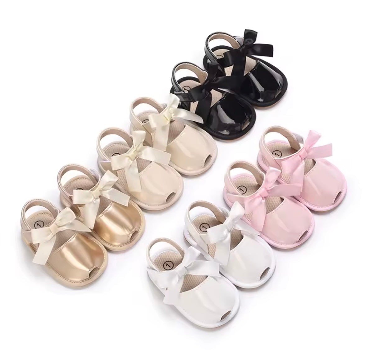Baby Toddler Patent Bow Strap Rubber Sole Sandals. 5 Colours 0M-18M