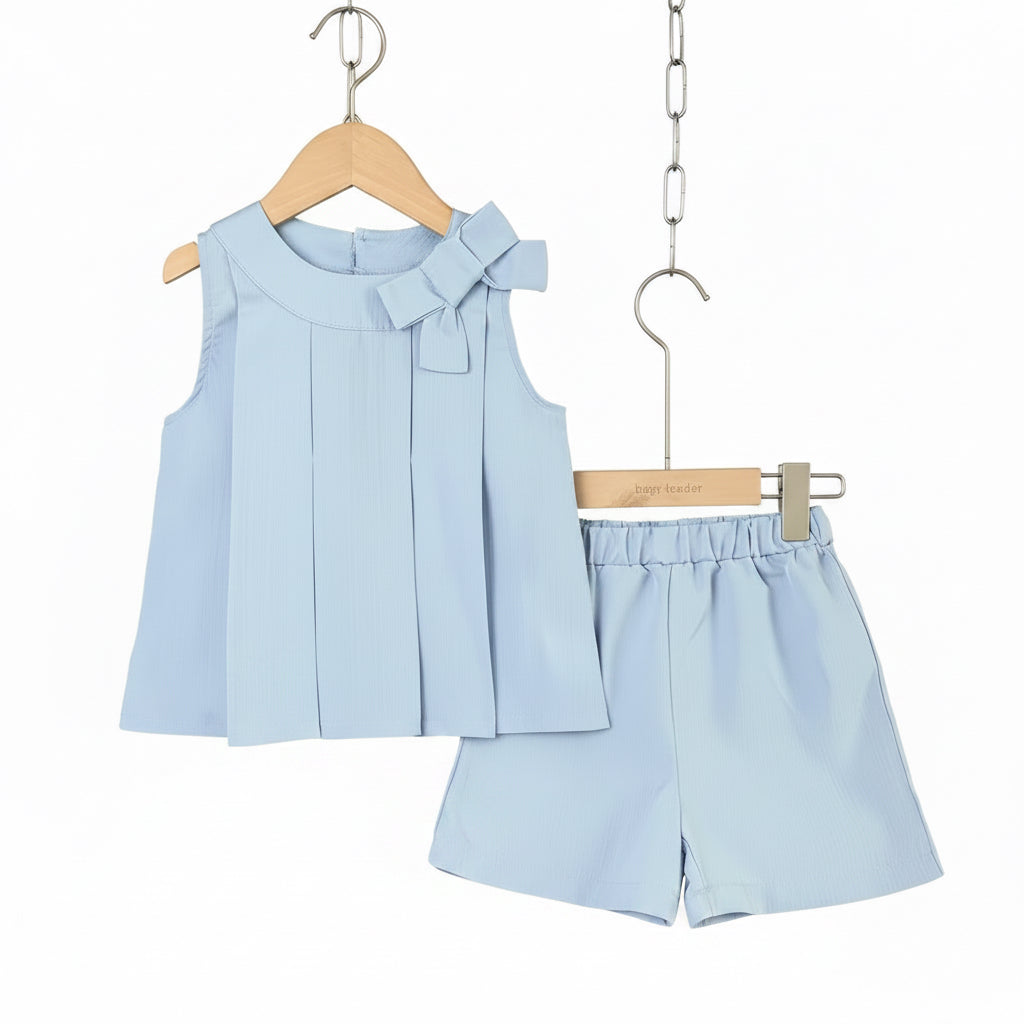 Kids Girls Lightweight Pleated Vest Top & Shorts Set. 5 Colours 3-7Y