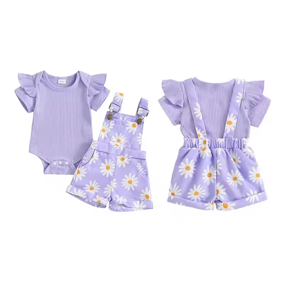Baby Toddler Girls Ribbed Romper & Dungaree Shorts Set. 3 Colours 3M-18M