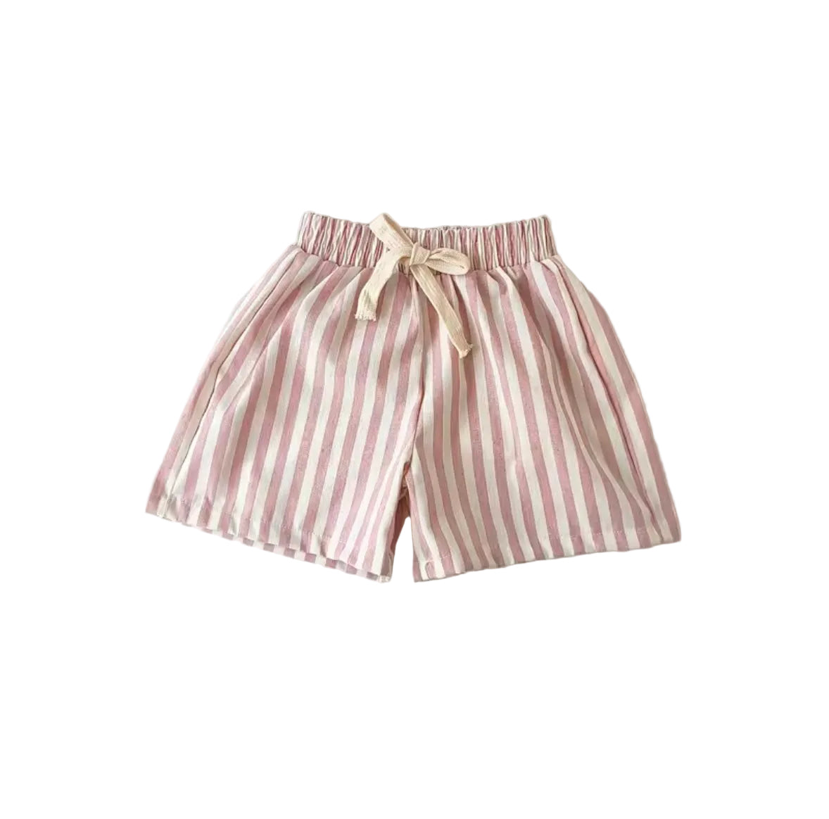 Pink and white striped shorts with a bow on a light gray background