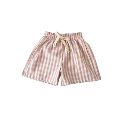 Pink and white striped shorts with a bow on a light gray background