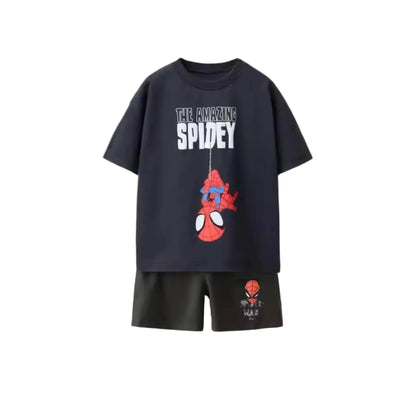 Black t-shirt with 'The Amazing Spidey' graphic and matching shorts on a white background