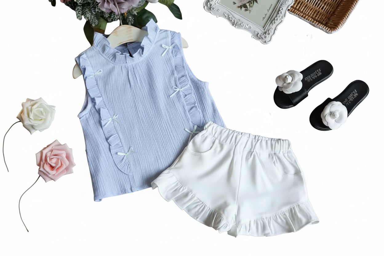 Kids Girls Lightweight Ruffled Top & Shorts Set. 3 Colours 12M-4Y