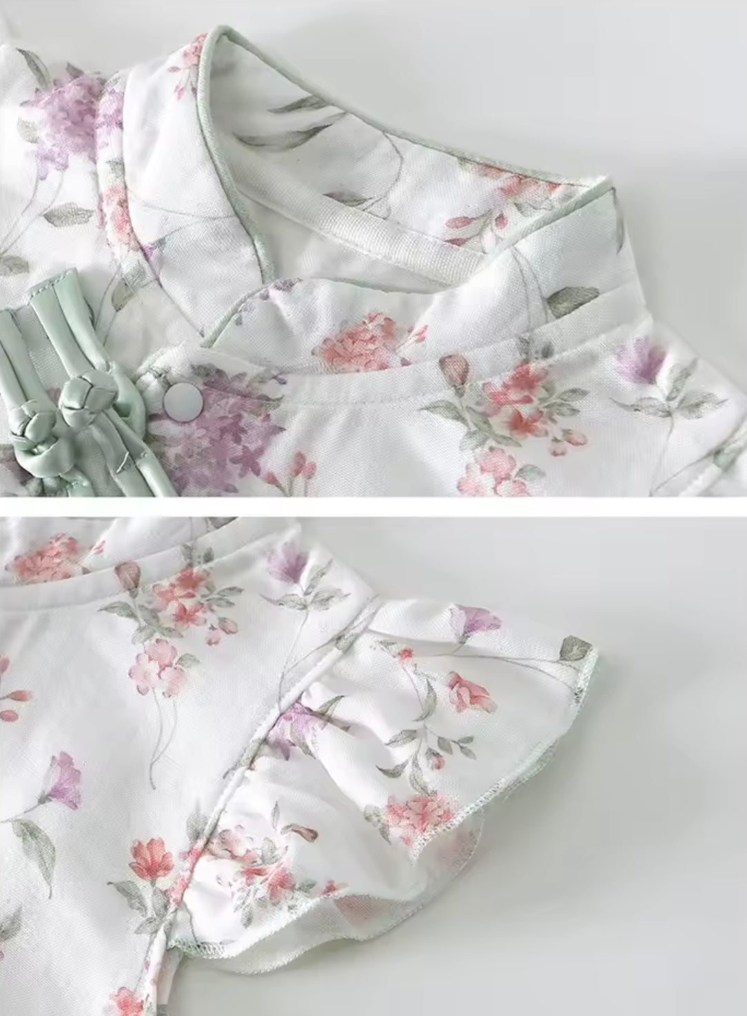 Floral-patterned outfit with ruffled details on a light gray background