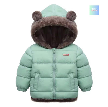 Children's light blue puffer jacket with bear ears on a white background