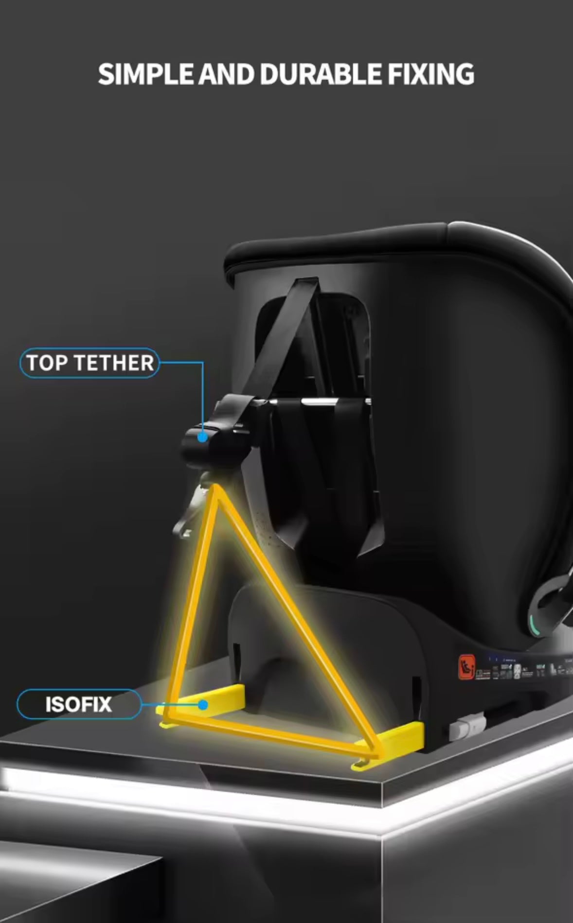 Child car seat with ISOFIX and top tether system highlighted on a dark background