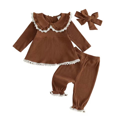 Baby Toddler Girls Ribbed Lace Trim Top Trousers & Headband Set. 3 Colours 6M-3Y