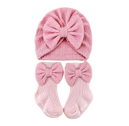 Baby Toddler Girls Bowknot Headscarf Hat & Matching Bowknot Socks. 5 Colours Fits 0-6M